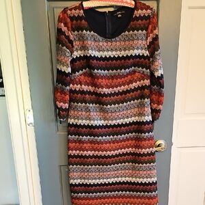 Y2K R&K Red Navy Black Sheath Dress with Bishop Sleeves Medium Mid Lace Women